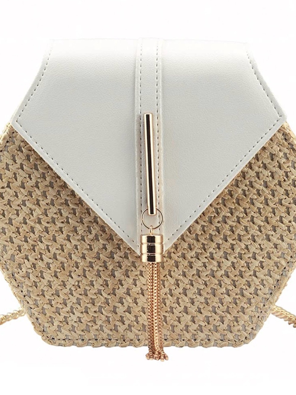 Woven Straw Hexagon Crossbody Bag with White Flap